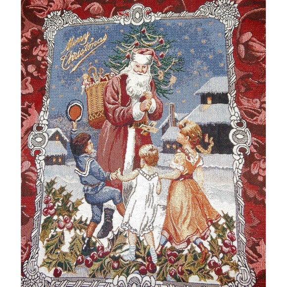 Merry Christmas Santa Claus With Children Woven Fringed Thrown 44x53 By Hallmark - Picture 4 of 12